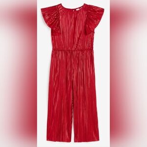 Girl's Pleated Red Jumpsuit with flutter sleeves and cinched waist, size 4-5